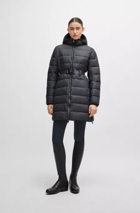Equestrian mid-length puffer jacket with adjustable zips