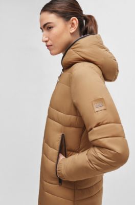 Equestrian long puffer jacket with side zips, Beige