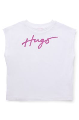 Kids' sleeveless cotton T-shirt with metallic logo, White