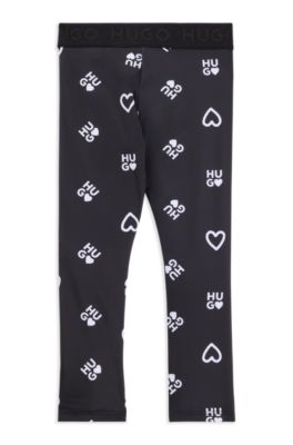 Kids' stretch leggings with logo and hearts print, Black