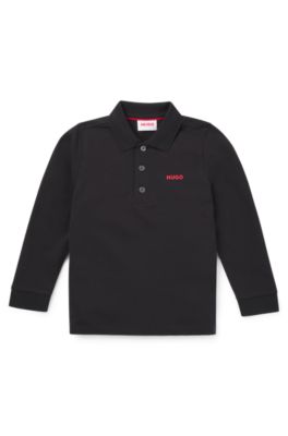Kids' long-sleeved polo shirt with logo print, Black