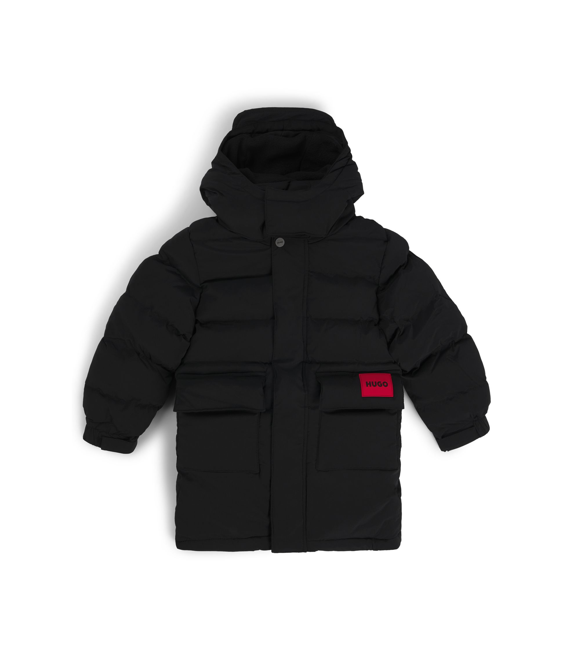 Kids' long-length puffer jacket with red logo label