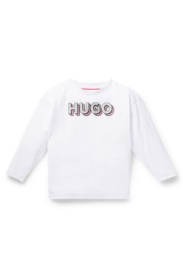 Kids' long-sleeved cotton T-shirt with glitter-effect logo, White