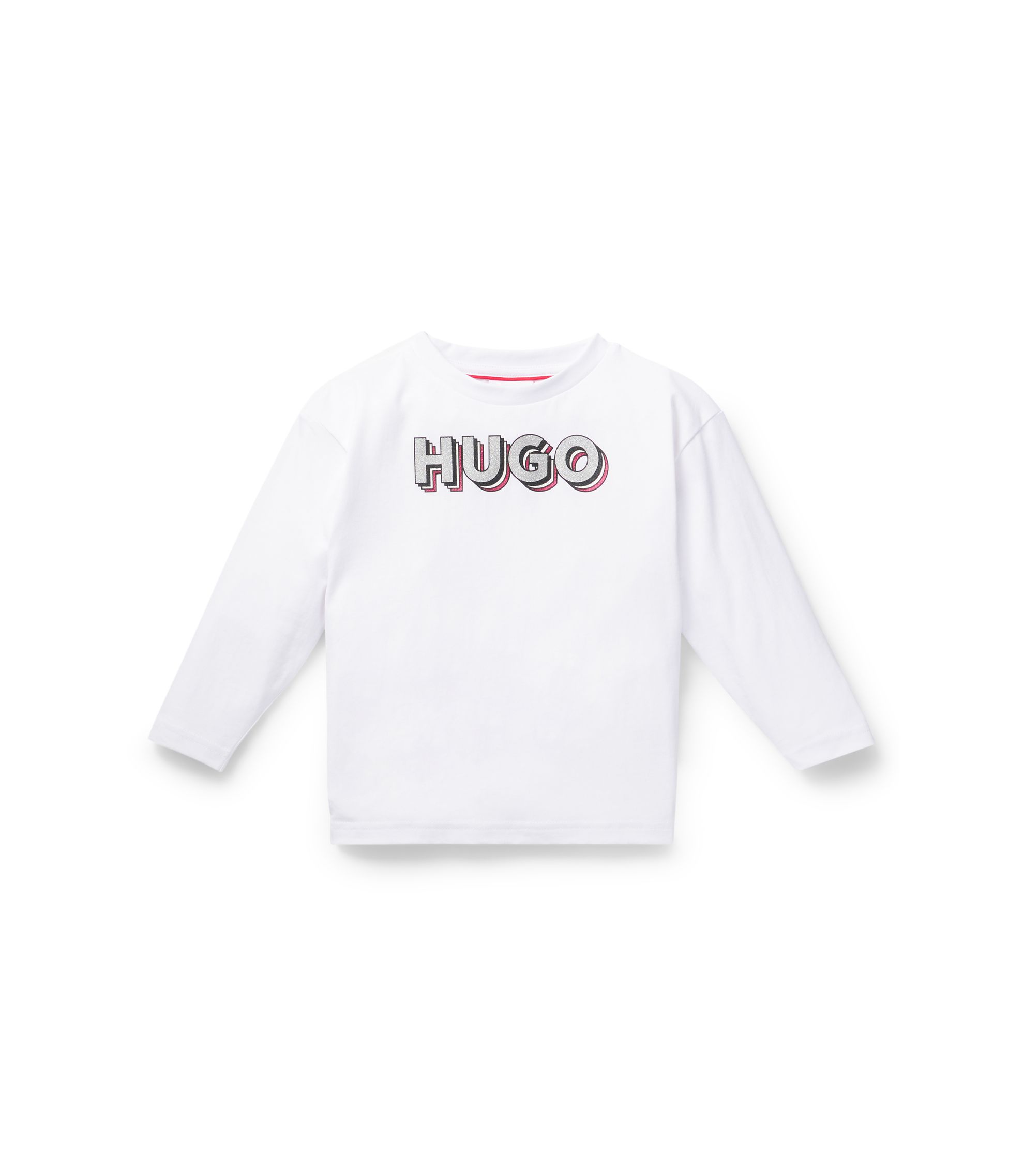 Kids' long-sleeved cotton T-shirt with glitter-effect logo