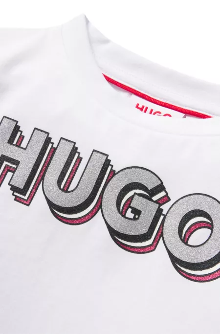 Kids' long-sleeved cotton T-shirt with glitter-effect logo