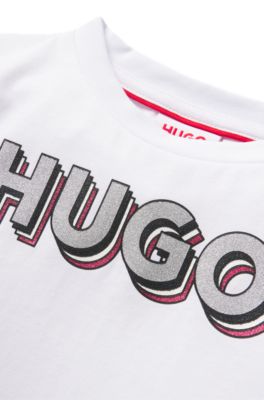 Kids' long-sleeved cotton T-shirt with glitter-effect logo, White