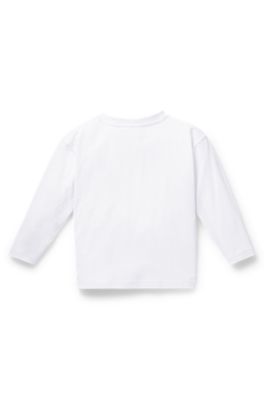 Kids' long-sleeved cotton T-shirt with glitter-effect logo, White