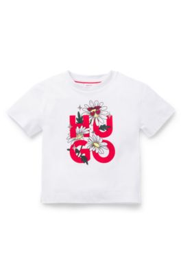 Camiseta de algod&oacute;n para ni&ntilde;os con logo apilado floral estampado, Blanco