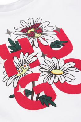 Kids T-shirt in cotton with floral stacked-logo print, White