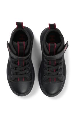 Kids' half boots in leather and water-repellent canvas, Black