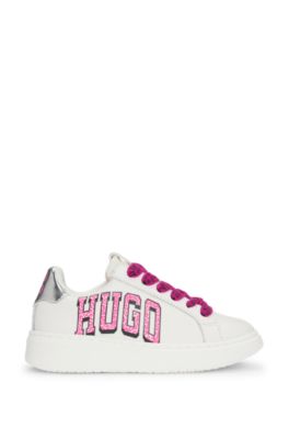 Kids' trainers in leather with metallic faux-leather trims, White