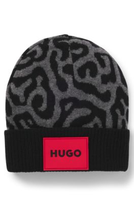 Kids' beanie hat with jacquard-woven cheetah pattern, Black