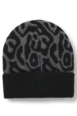Kids' beanie hat with jacquard-woven cheetah pattern, Black