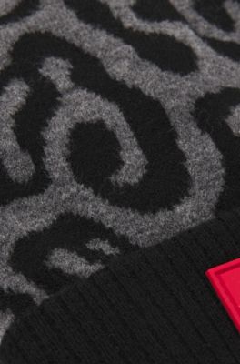 Kids' beanie hat with jacquard-woven cheetah pattern, Black