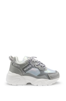 Kids' trainers in faux leather and taffeta, Silver