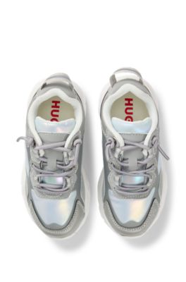 Kids' trainers in faux leather and taffeta, Silver
