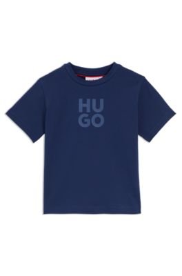 Kids' stacked-logo T-shirt in cotton, Dark Blue
