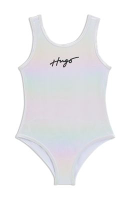 Kids' iridescent swimsuit with logo print, Silver