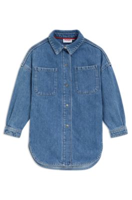 Kids' blue loose-fit shirt in cotton denim, Patterned