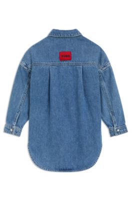 Kids' blue loose-fit shirt in cotton denim, Patterned