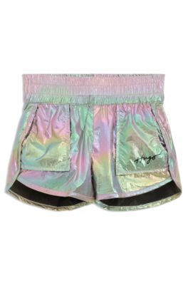 Kids' logo-print shorts in iridescent fabric, Silver