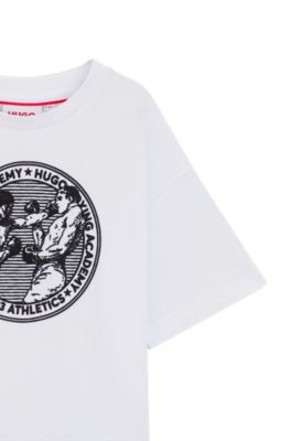 Kids' cotton T-shirt with boxing-themed artwork, White