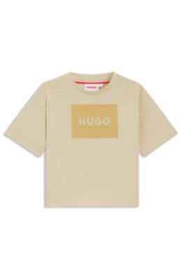 Kids' cotton T-shirt with velvet-effect logo, Beige