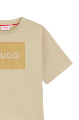 Kids' cotton T-shirt with velvet-effect logo, Beige