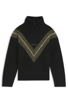 Kids' chevron-pattern sweater with zip placket, Black