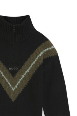 Kids' chevron-pattern sweater with zip placket, Black