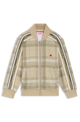 Kids' logo-label jacket with check, Beige