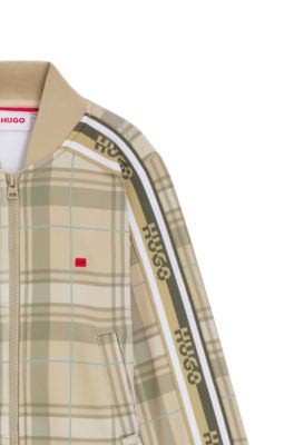 Kids' logo-label jacket with check, Beige