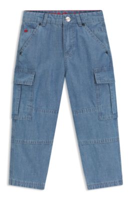 Kids' loose-fit jeans in blue ripstop denim, Patterned