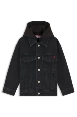 Kids' black denim jacket with fleece hood, Patterned
