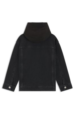 Kids' black denim jacket with fleece hood, Patterned