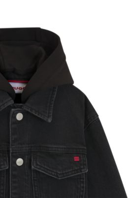 Kids' black denim jacket with fleece hood, Patterned