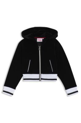 Kids' stripe-ribbing zip-up hoodie in velvet, Black