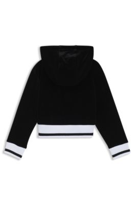 Kids' stripe-ribbing zip-up hoodie in velvet, Black