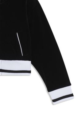 Kids' stripe-ribbing zip-up hoodie in velvet, Black