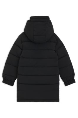 Chaqueta larga acolchada para ni&ntilde;os con insignia de logo y capucha, Negro