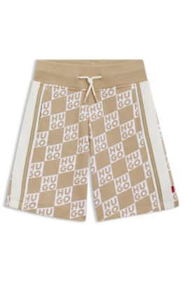 Kids' cotton-blend shorts with stacked-logo print, Khaki