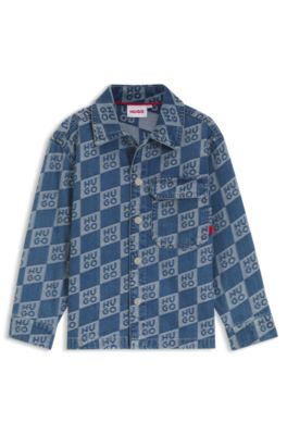 Kids' denim shirt with all-over stacked logos, Patterned