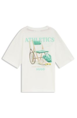 Kids' loose-fit cotton T-shirt with sports graphic, White