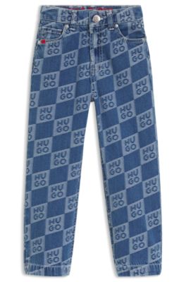 Kids' blue jeans with stacked-logo jacquard, Patterned