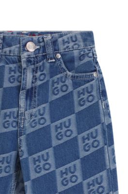 Kids' blue jeans with stacked-logo jacquard, Patterned