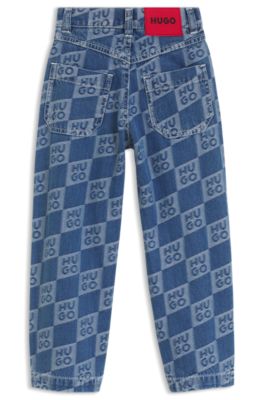 Kids' blue jeans with stacked-logo jacquard, Patterned