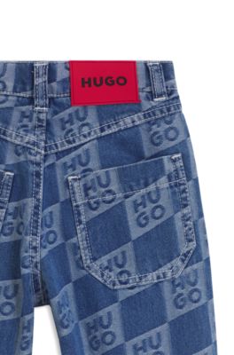 Kids' blue jeans with stacked-logo jacquard, Patterned