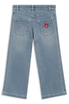 Jeans para ni&ntilde;as de denim el&aacute;stico azul con logo bordado, Fantas&iacute;a