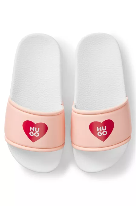 Kids' faux-leather slides with heart-shaped logo print