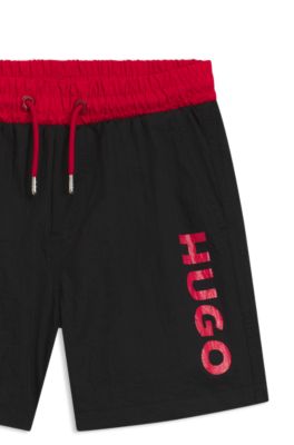 Kids' swim shorts with contrast logo print, Black